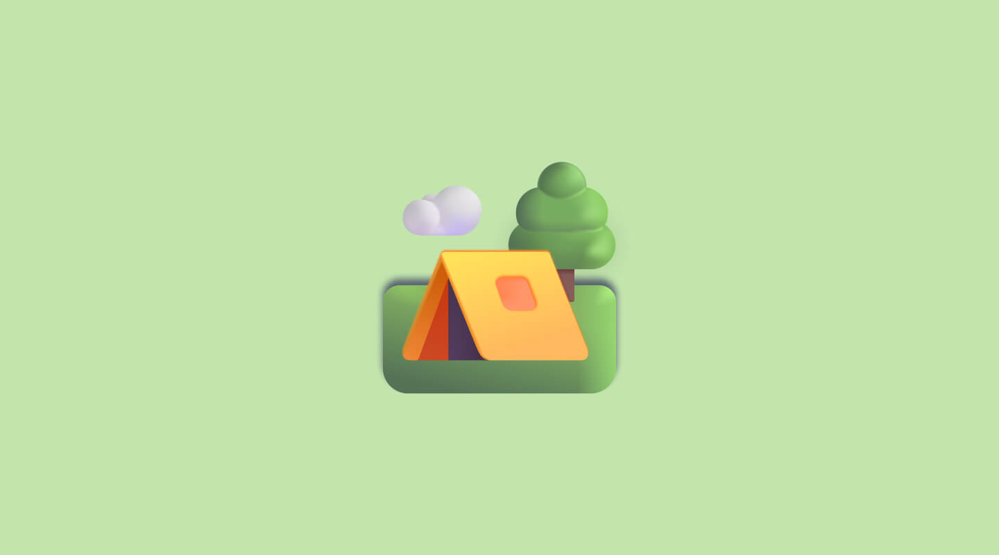 A camp tent emoji on top of a green background
