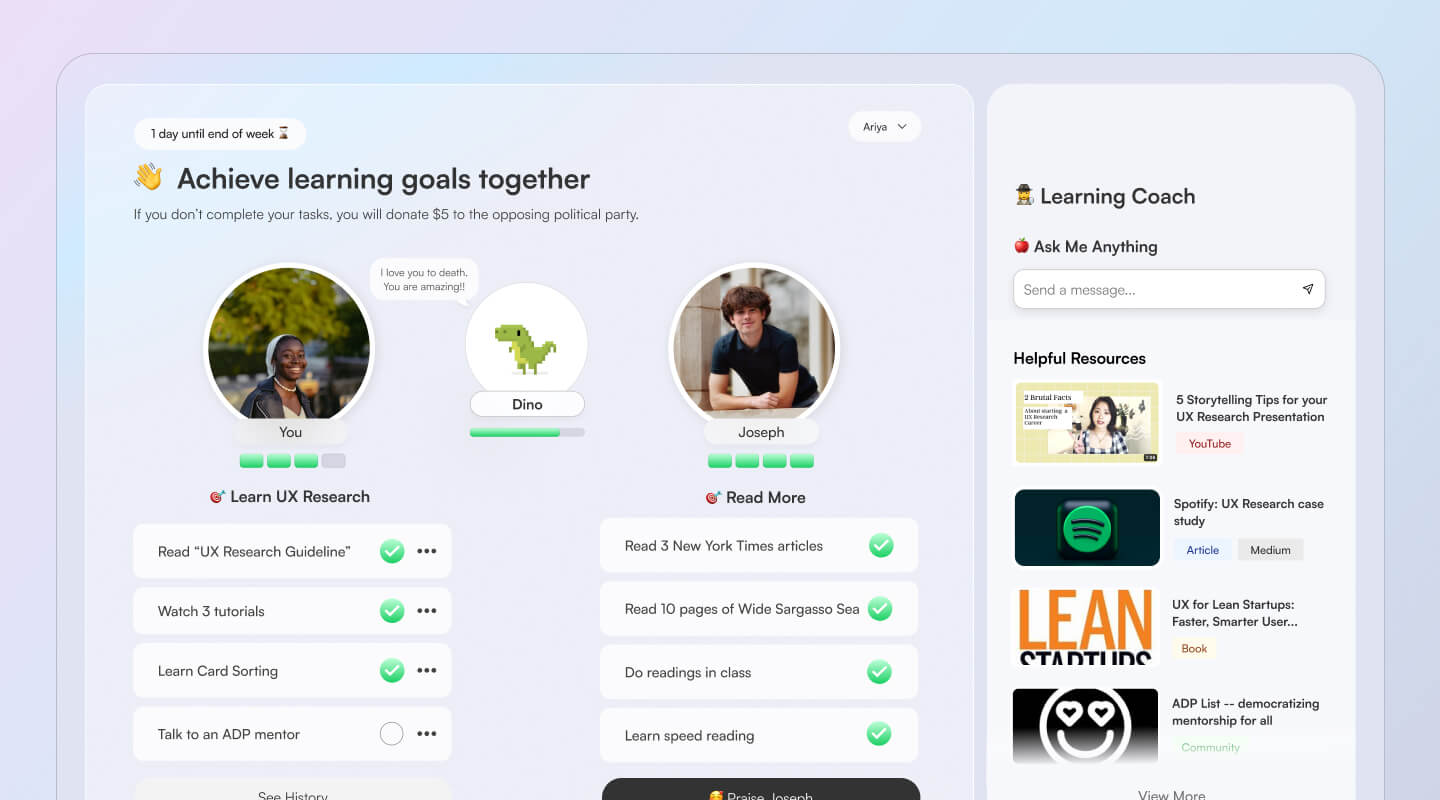 Dinobud app that allows users to complete tasks with a partner and access a learning coach on the side