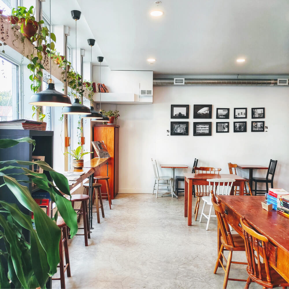 Well-lit and beautiful cafe with wooden chairs, plants, and concrete floor