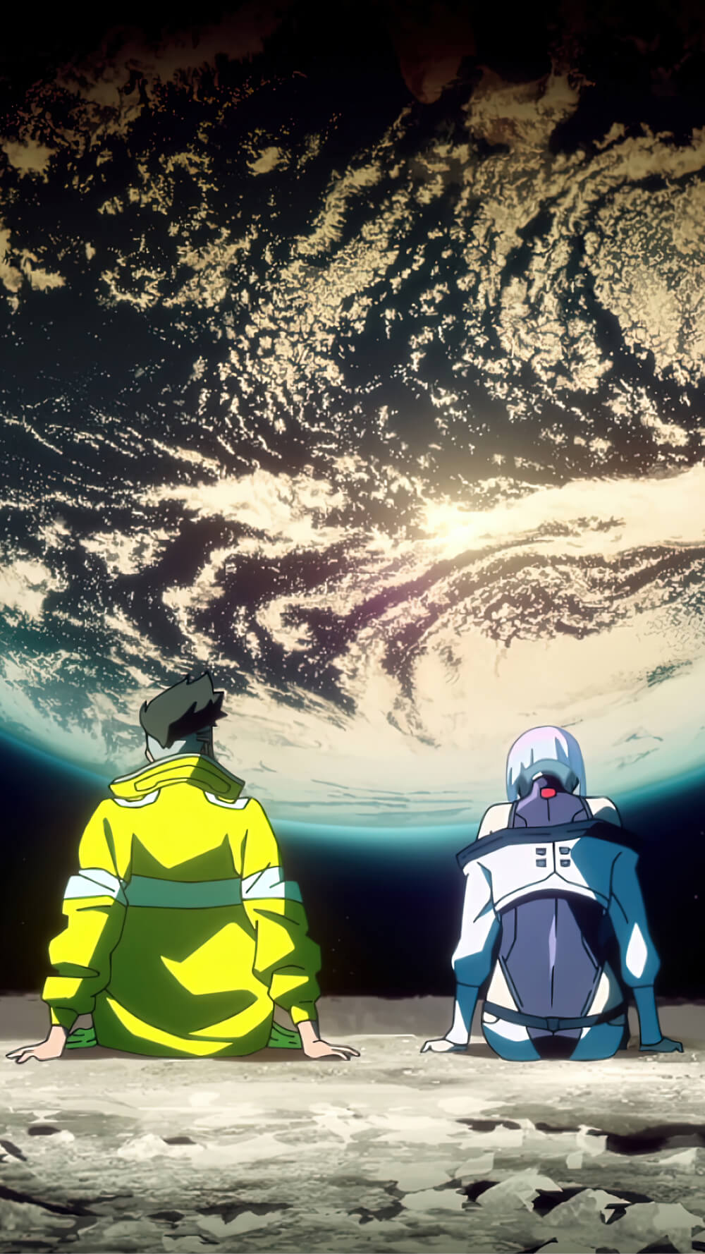David and Lucy sitting on the moon together in the anime Cyberpunk edgerunner
