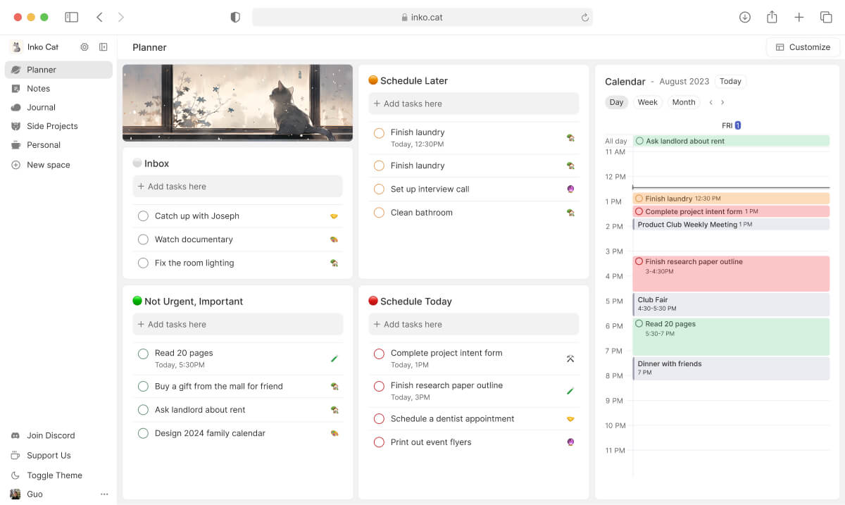 final version of Inko Cat, a productivity tool. There's a side navigation several blocks such as lists and calendar