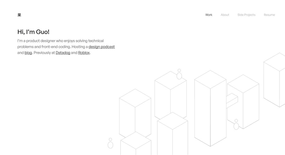 Second iteration of the portfolio. There is a left aligned intro and an isometric city illustration below