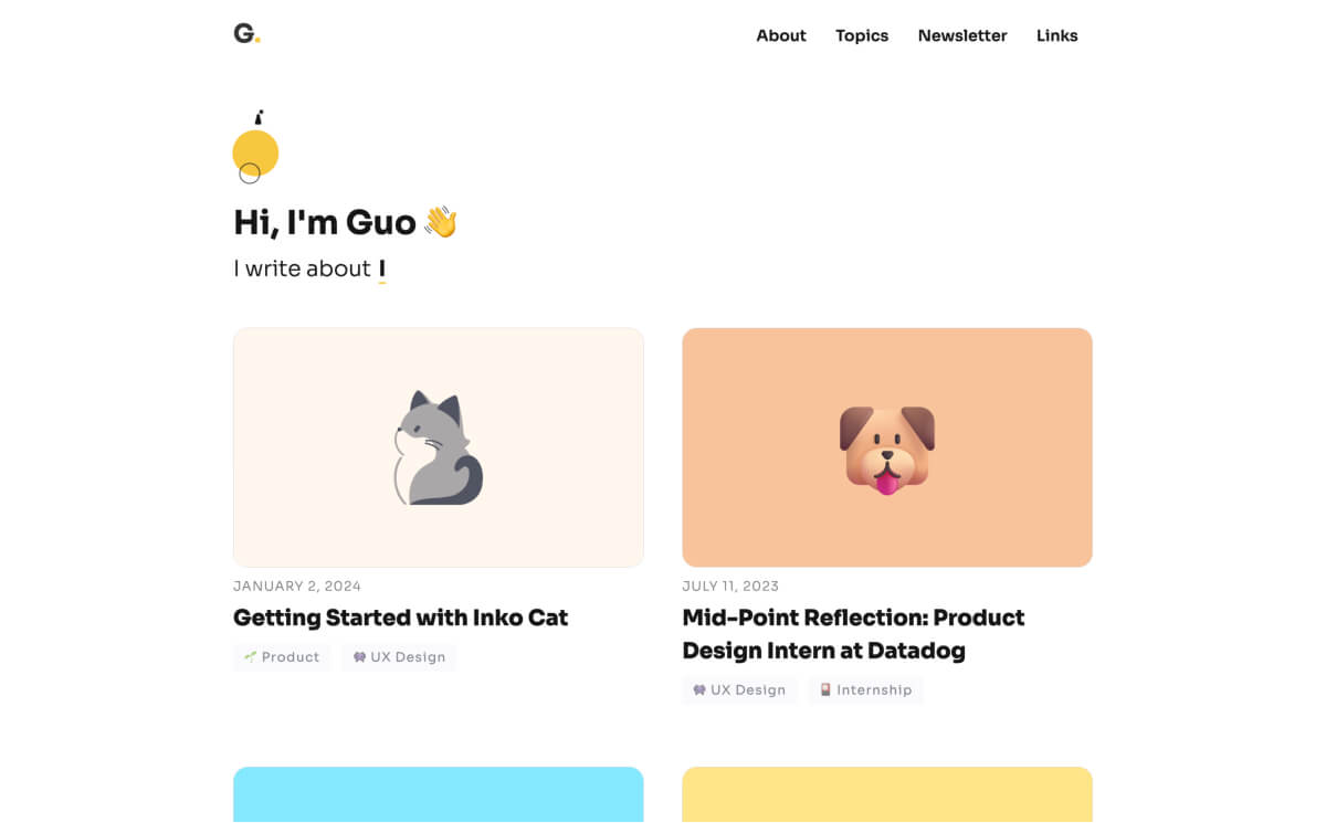 Guo’s previous blog home. It uses bold headers and colorful thumbnails
