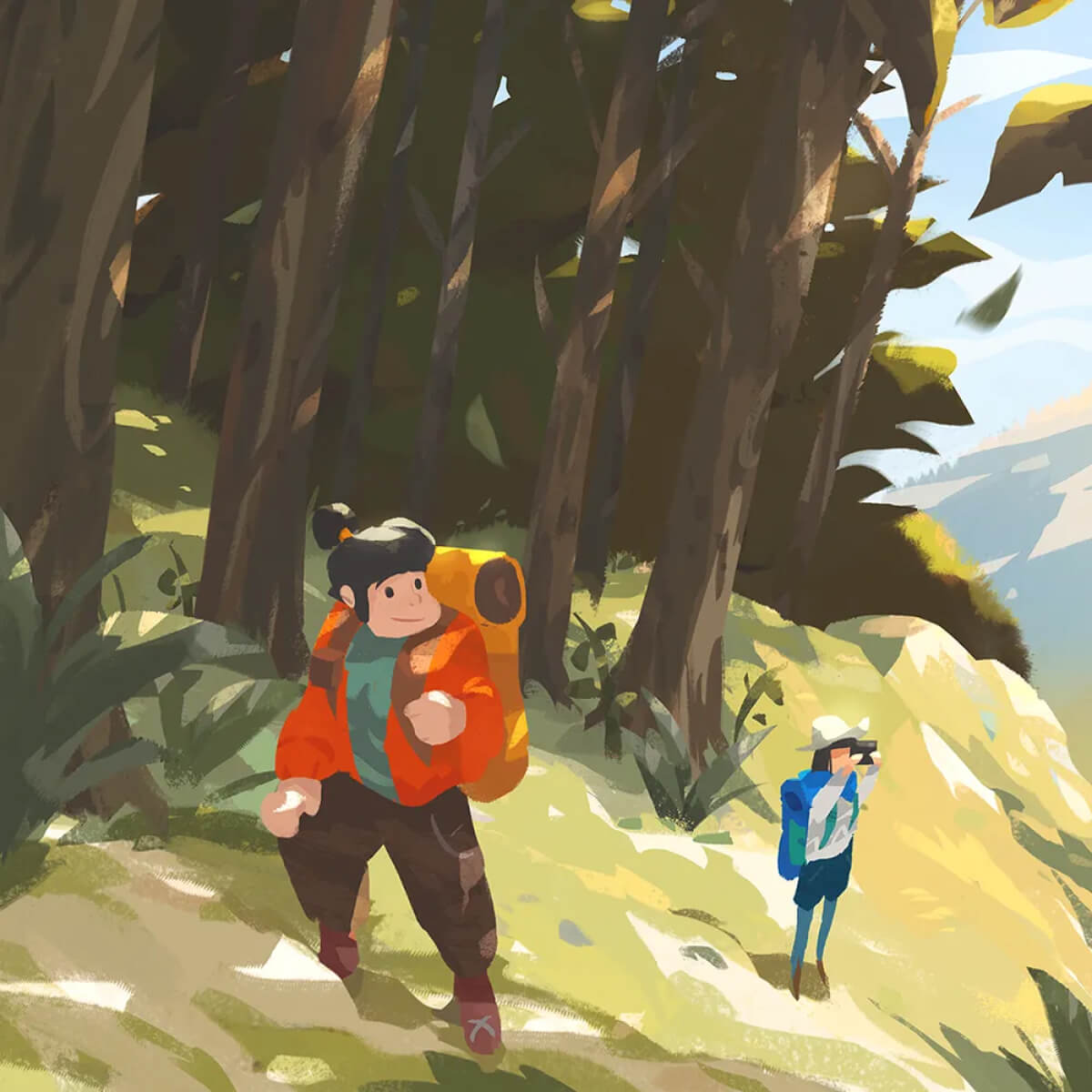An illustration of a man hiking with a woman who’s taking a picture