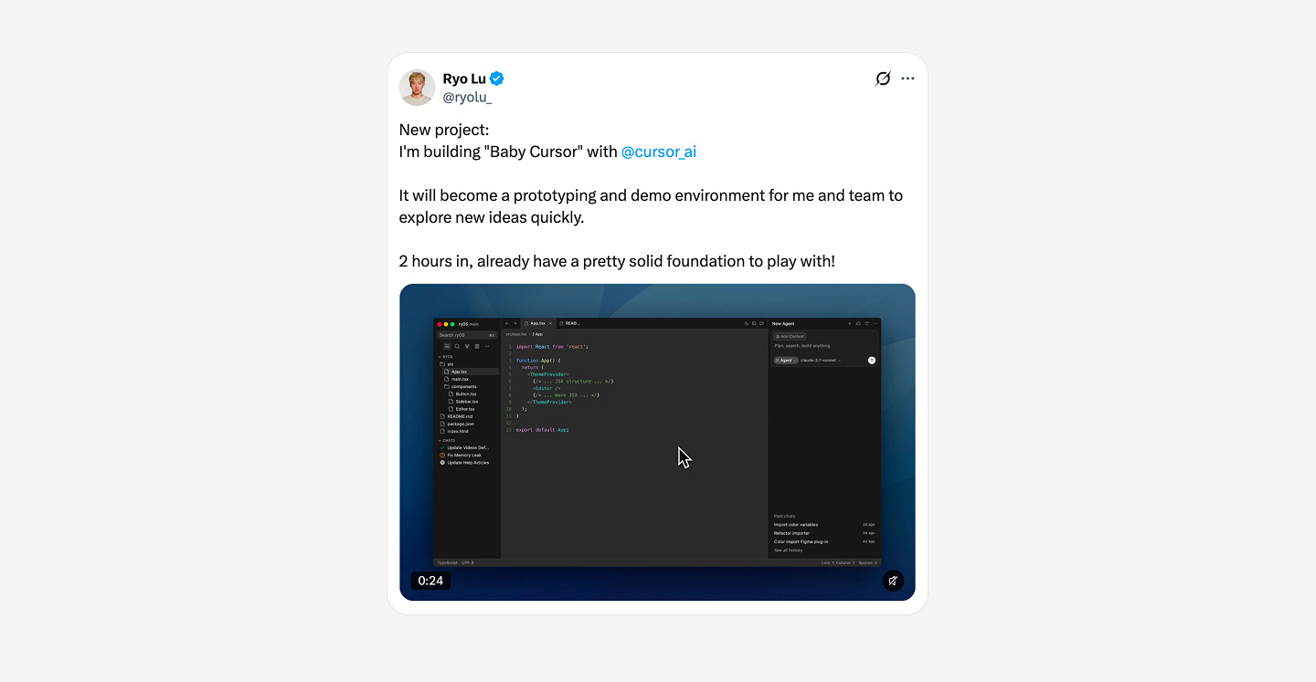 Tweet from Ryo Lu: "New project: I'm building 'Baby Cursor' with @cursor_ai. It will become a prototyping and demo environment for me and team to explore new ideas quickly. 2 hours in, already have a pretty solid foundation to play with!" with a video of a code editor