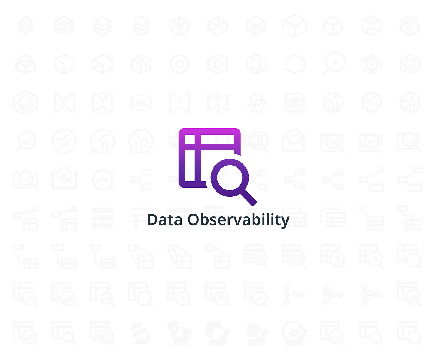 The final Data Observability logo: a purple gradient table icon with a magnifying glass at the bottom right, above the words "Data Observability", over a faded grid of the other explorations