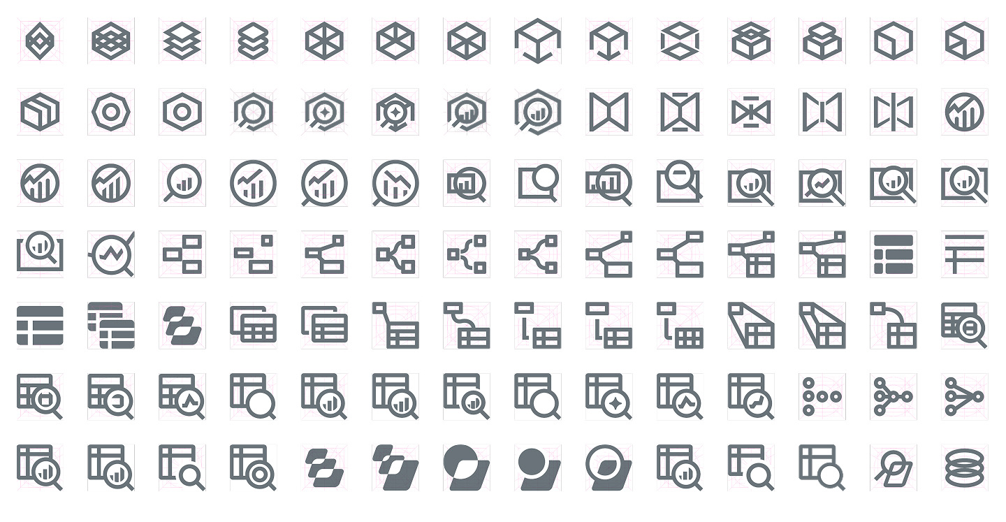 Grid of about a hundred gray Data Observability logo explorations: cubes, stacked layers, hexagons, magnifying glasses over charts, lineage graphs, tables, and abstract shapes