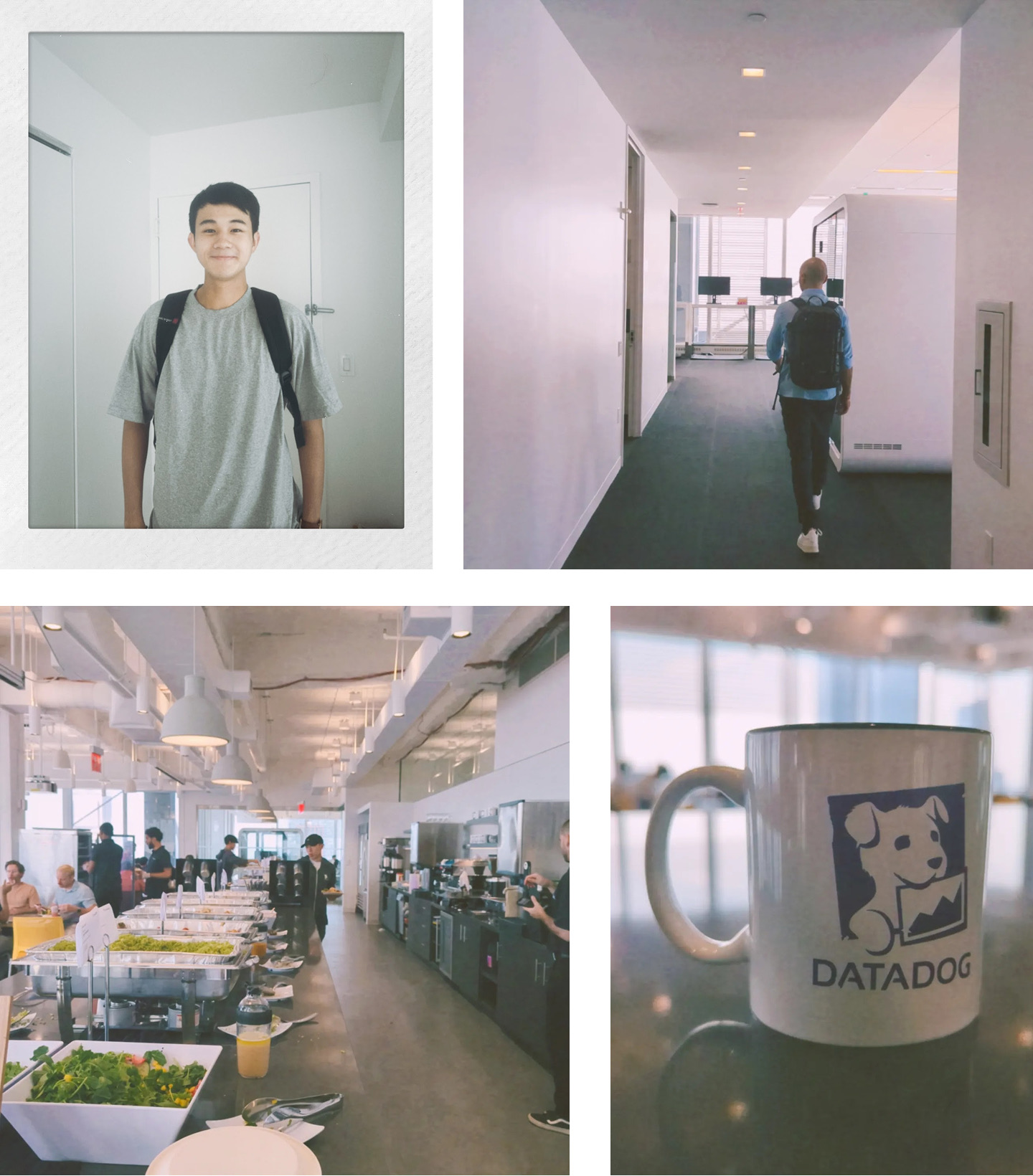 Collage from my first day at Datadog: me smiling in a gray t-shirt with a backpack, a coworker walking down a bright office hallway, the office cafeteria lunch spread, and a white Datadog mug