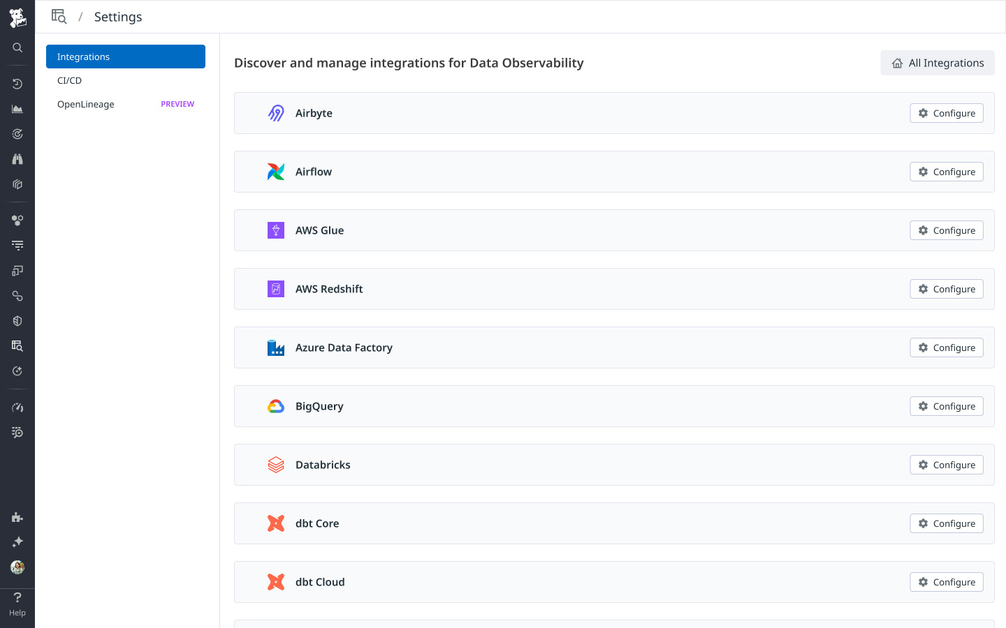 Data Observability integrations settings page in Datadog, listing Airbyte, Airflow, AWS Glue, AWS Redshift, Azure Data Factory, BigQuery, Databricks, dbt Core, and dbt Cloud, each with a Configure button