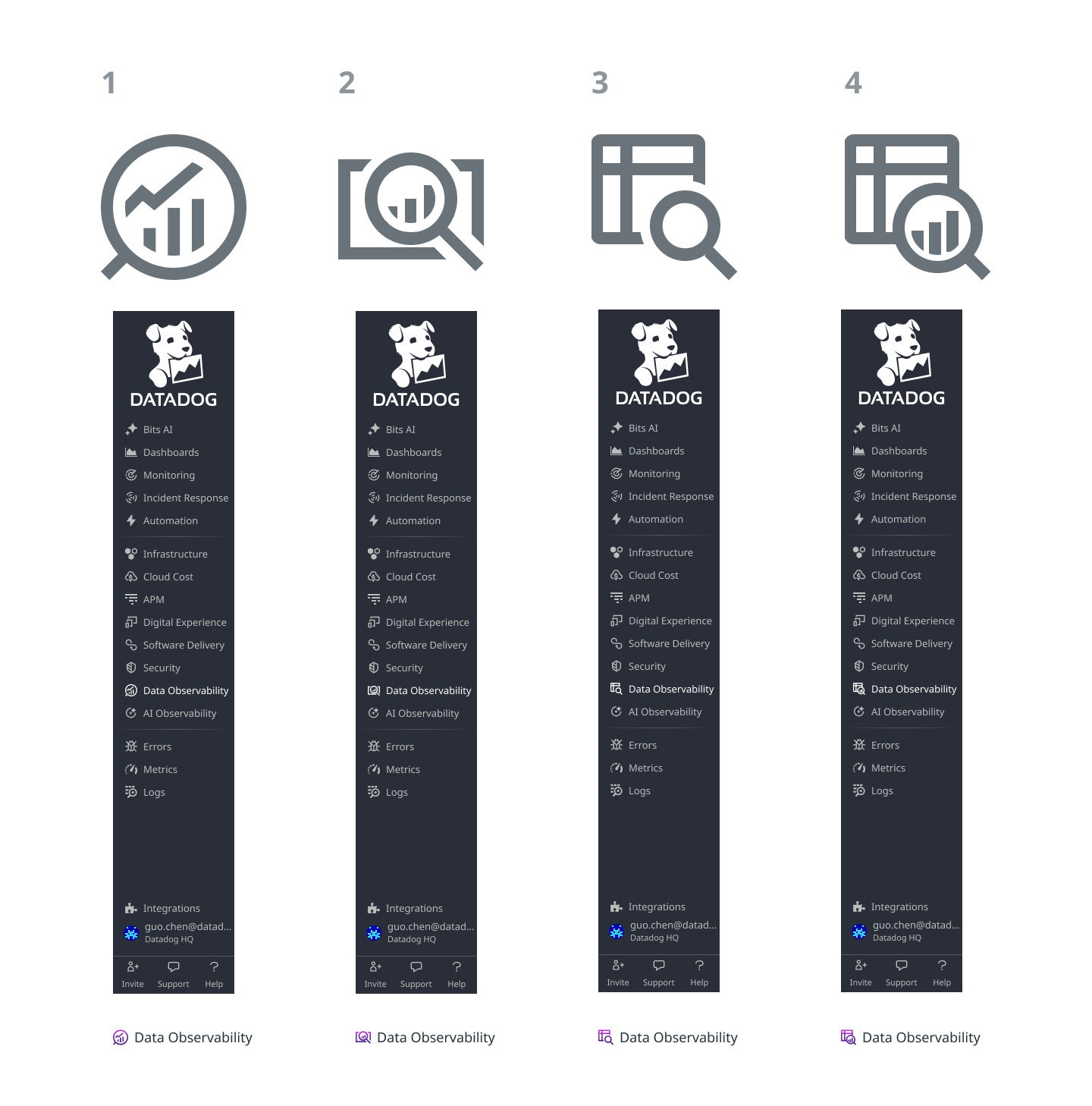 Four logo finalists compared side by side, each shown large and then in context in the dark Datadog main navigation: a magnifying glass over a chart, a magnifying glass over a framed chart, a table with a magnifying glass, and a table with a magnifying glass over a chart