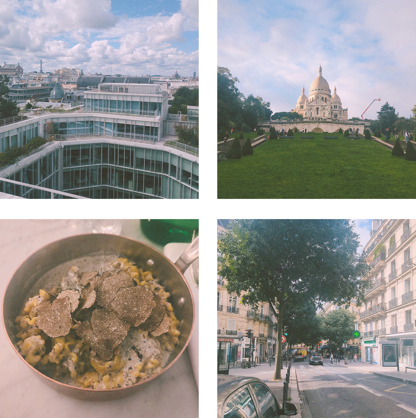 Collage from the Paris offsite: the glass office building with the Eiffel Tower in the distance, Sacré-Cœur above a green lawn, a copper pan of pasta topped with shaved truffles, and a tree-lined Parisian street