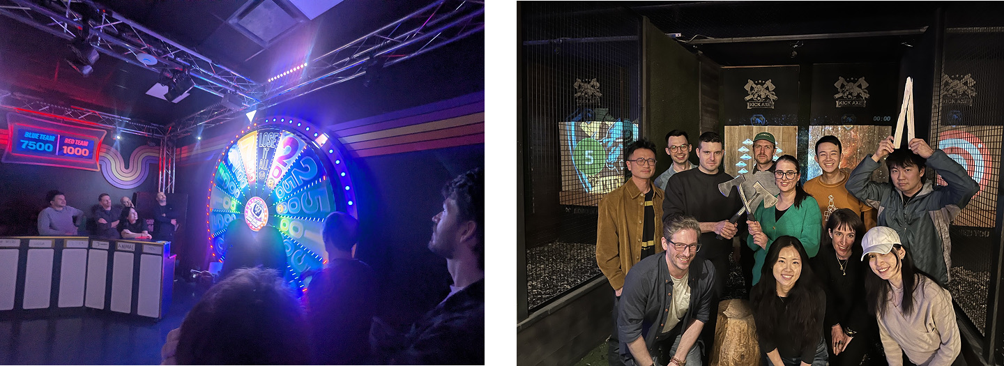 Two team bonding photos: the team watching a glowing game-show prize wheel spin under neon stage lights, and the design pod posing together at an axe-throwing venue, one person holding up an axe and another a wooden plank