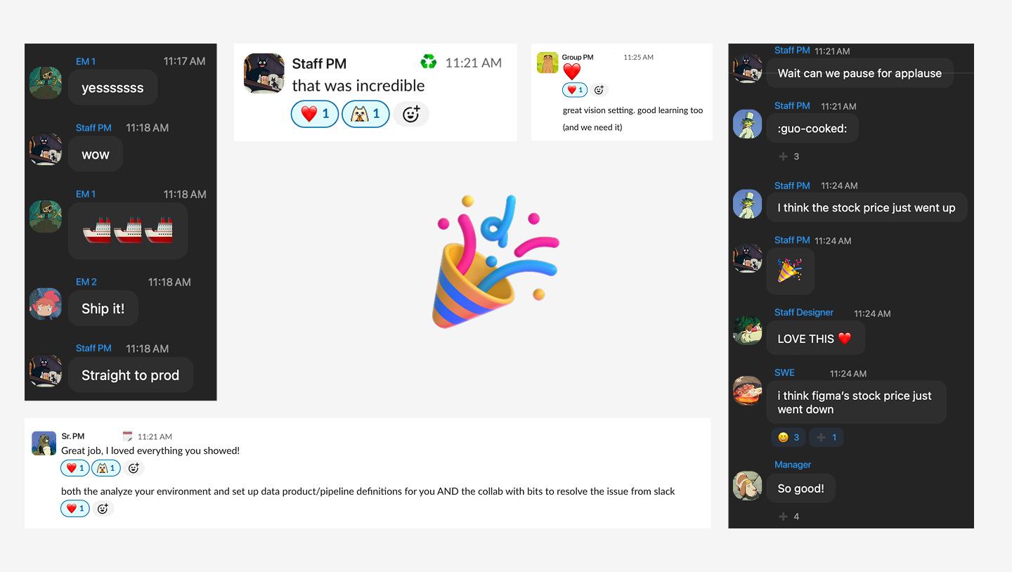 Collage of Slack reactions to the hackathon demo around a party popper emoji, including "that was incredible", "Ship it!", "Straight to prod", "Wait can we pause for applause", "I think the stock price just went up", and "LOVE THIS"