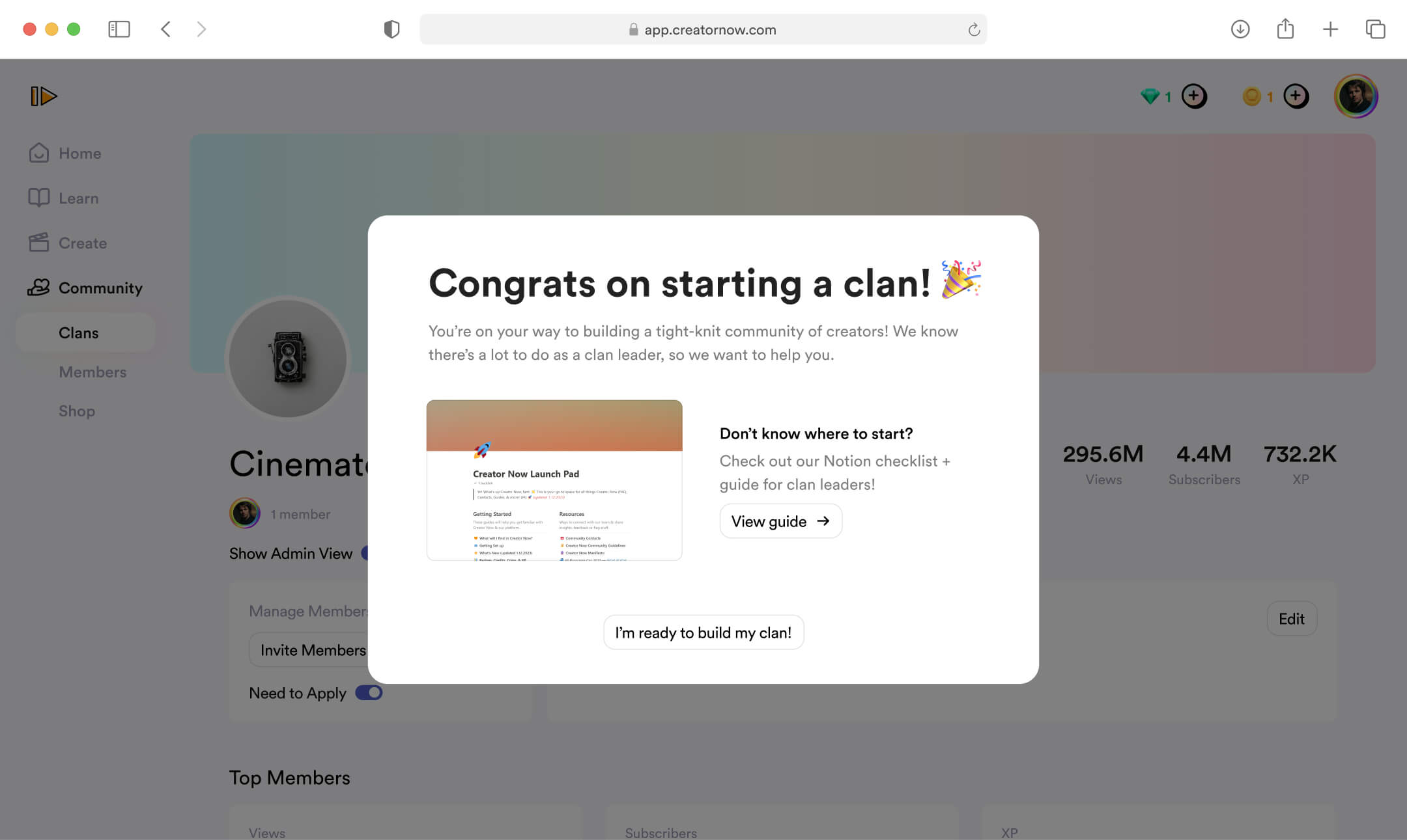 Onboarding popup that congratulates clan leader for creating a new clan