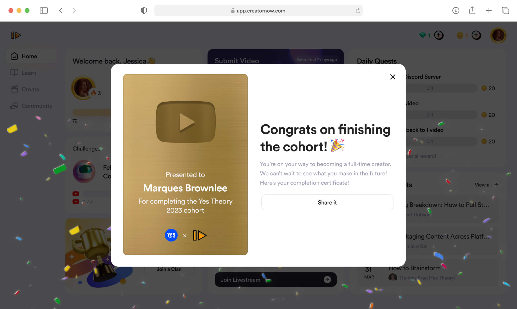 Popup congratulating the creator for completing the Yes Theory cohort
