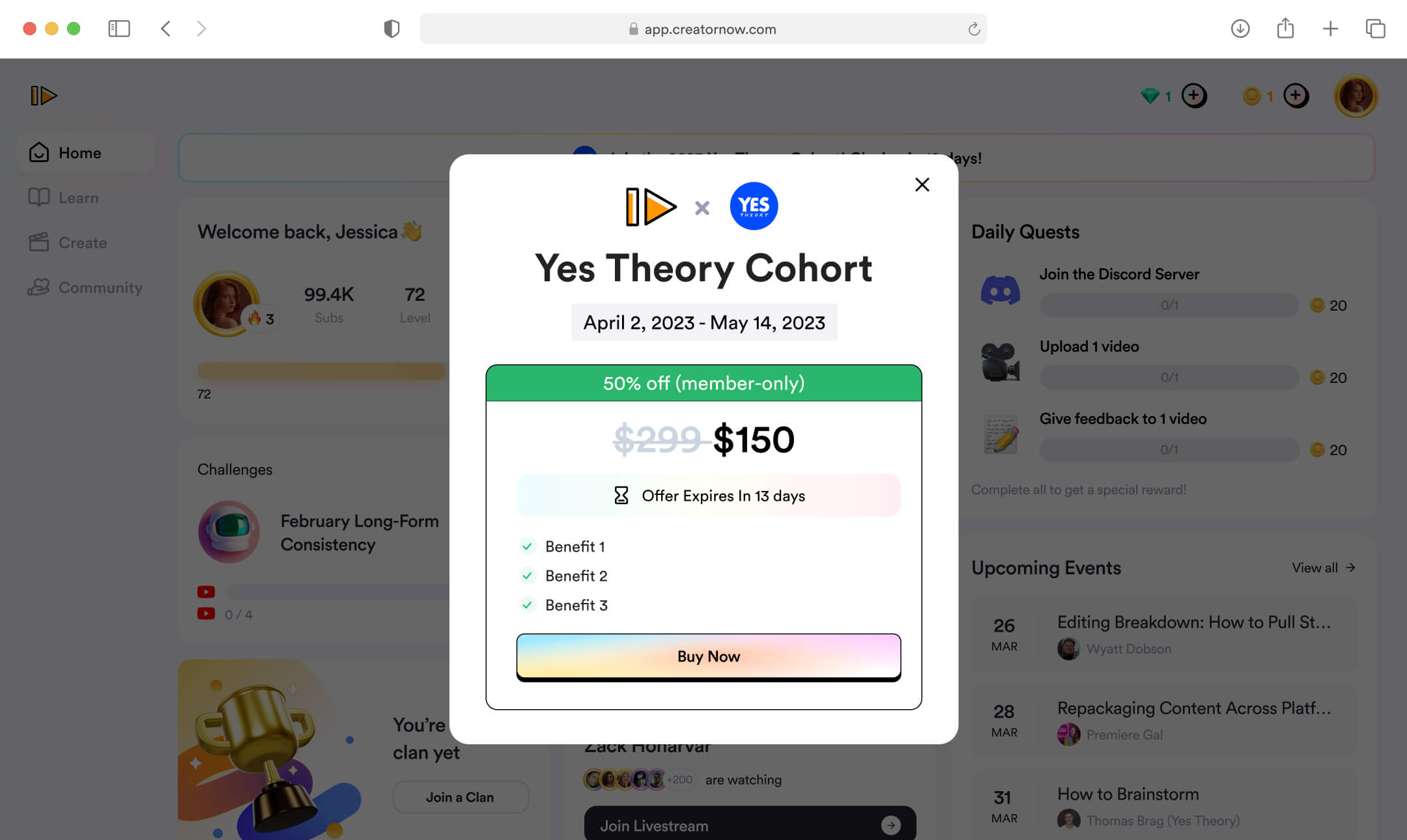 In app popup promoting the Yes Theory cohort
