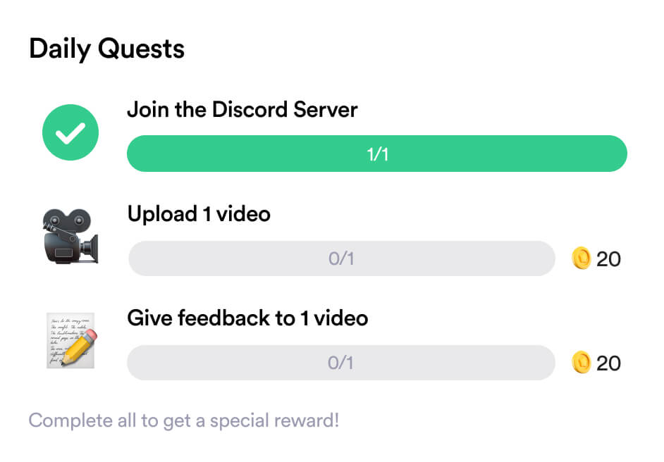 Daily quest card with three tasks for user to complete to get rewards