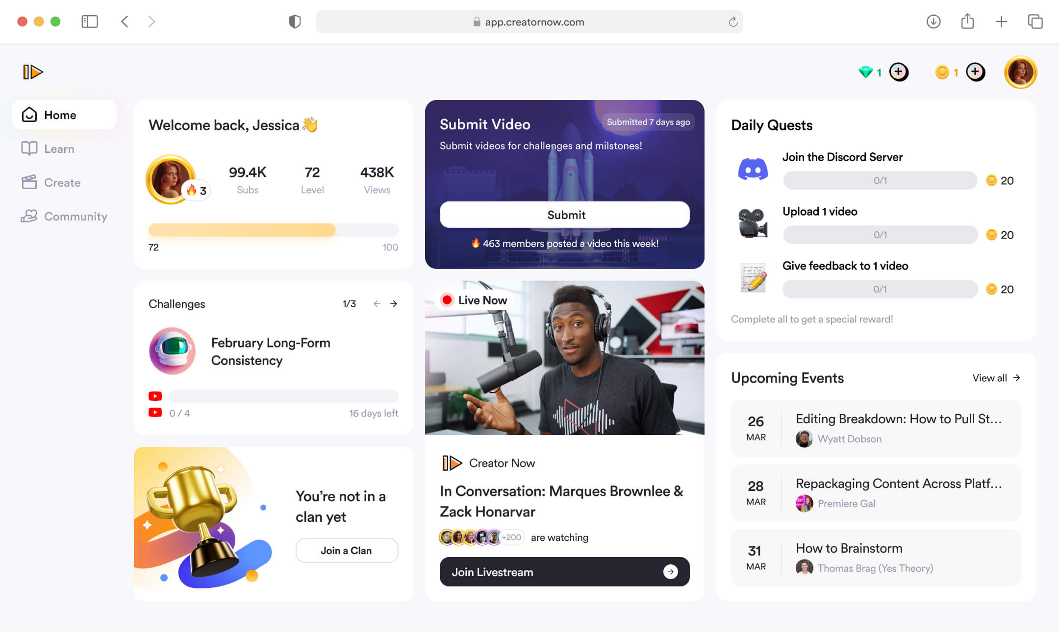 Creator Now home dashboard that displays challenges, video submission, live stream, daily quests, and upcoming events