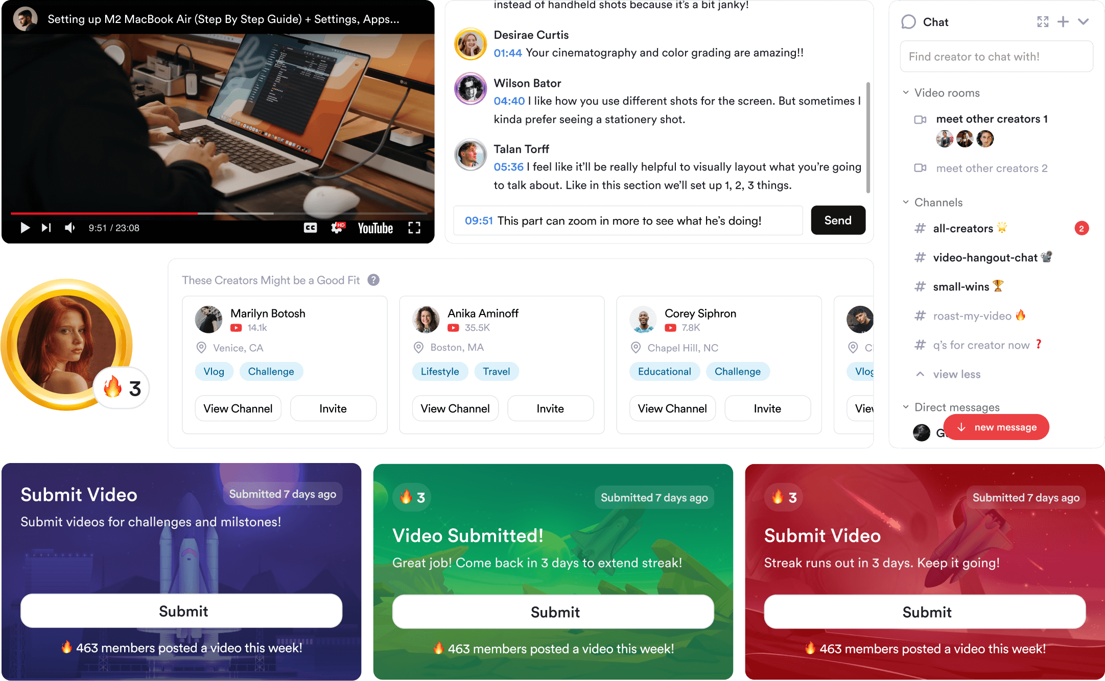 Gallery of the main features which includes video feedback tool, weekly streaks, chat, and creator recommendations