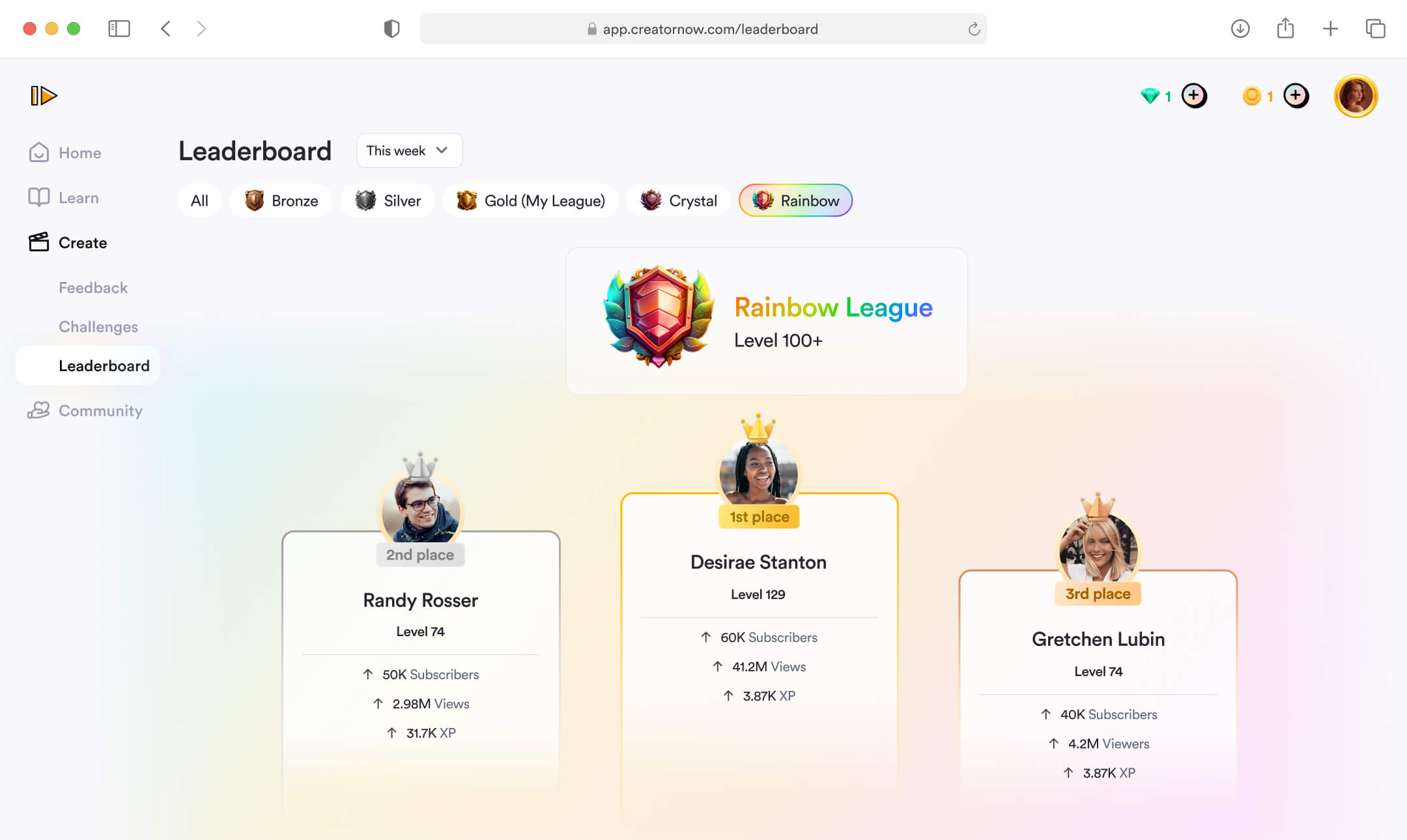 Leaderboard displaying top creators in the rainbow league