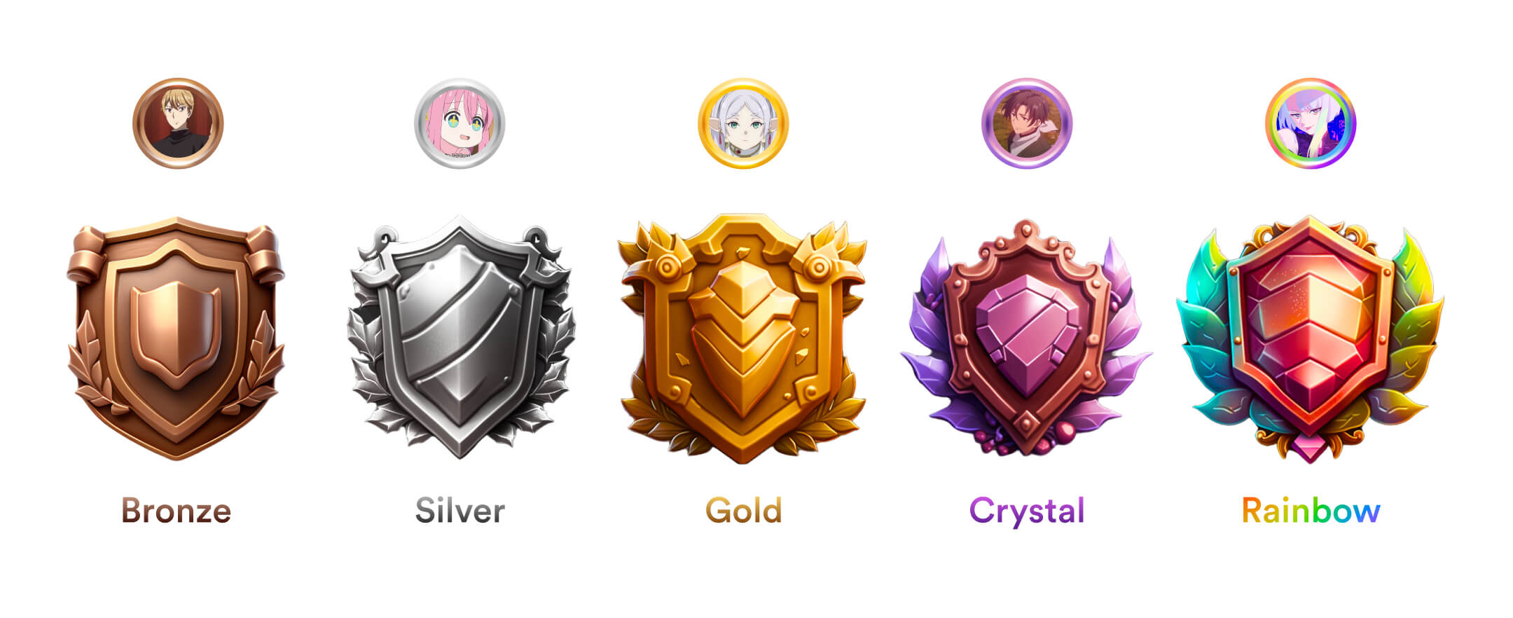 Badges and avatar ring for each of the five leagues - bronze, silver, gold, crystal, and rainbow
