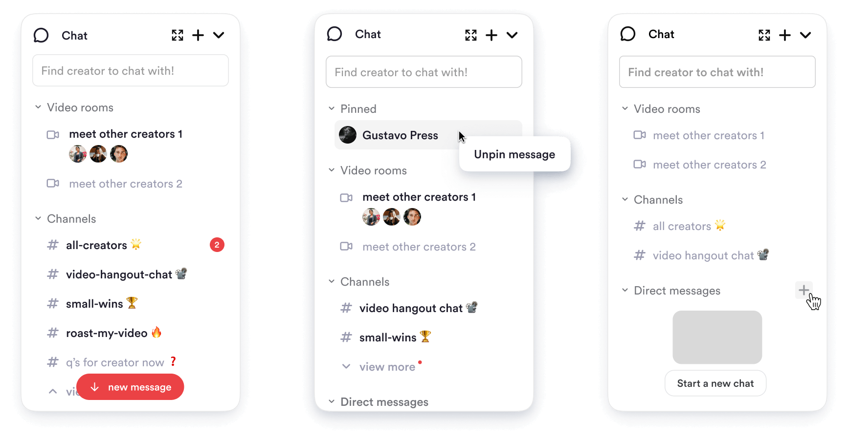 Three chat popups displaying features: New messages, unpin messages, and new chat hover