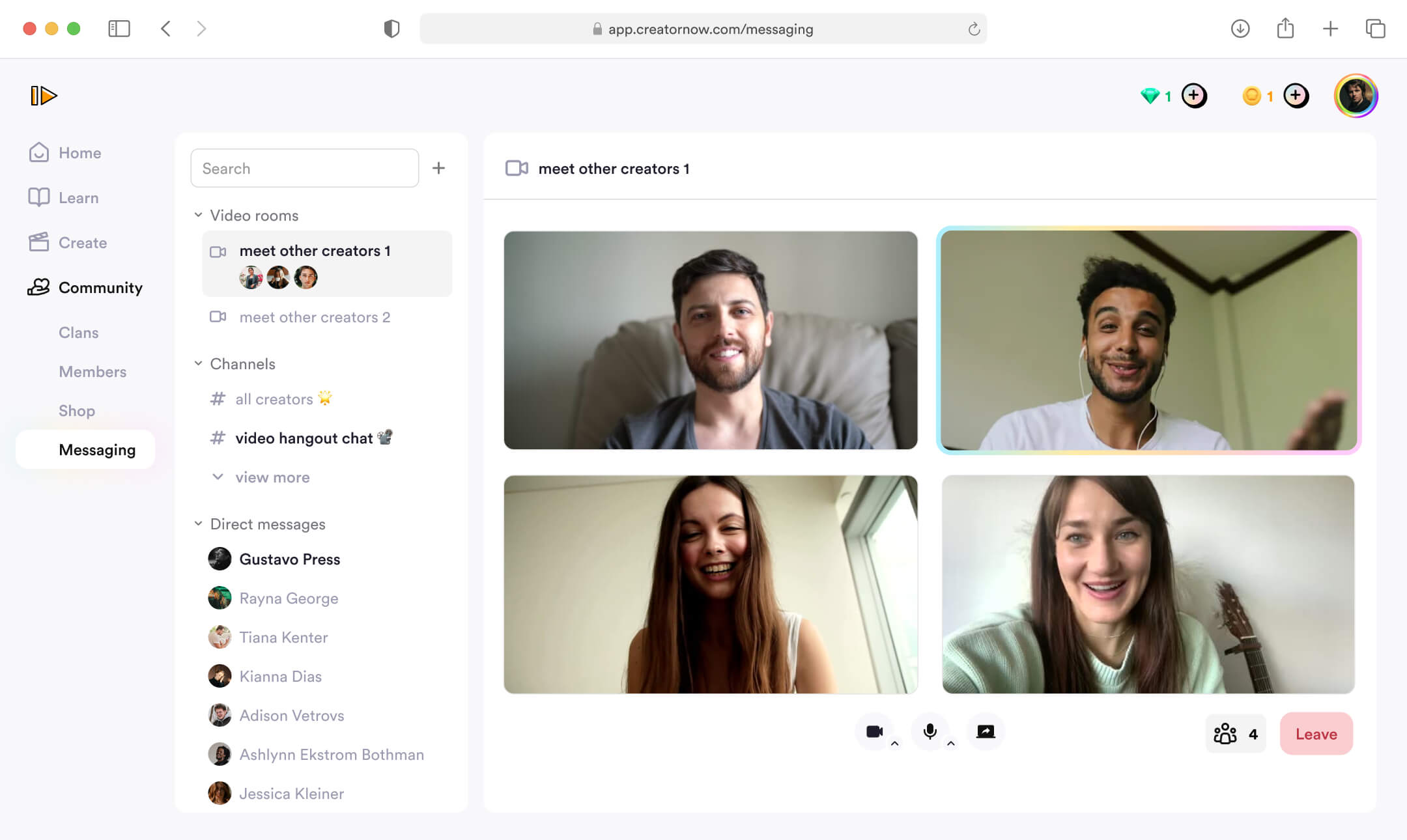 Video call on Creator Now messaging platform