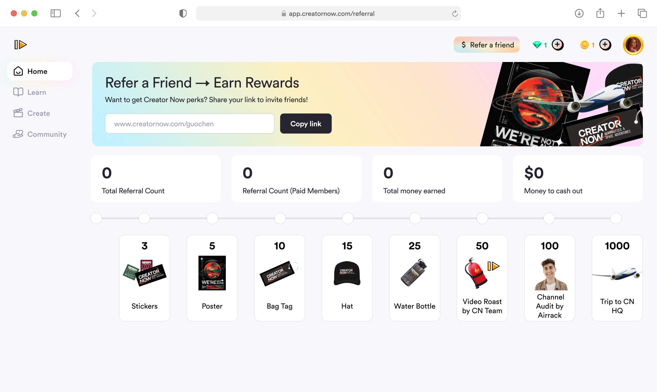 Referral page higlighting referral stats and different levels of rewards based on referral count
