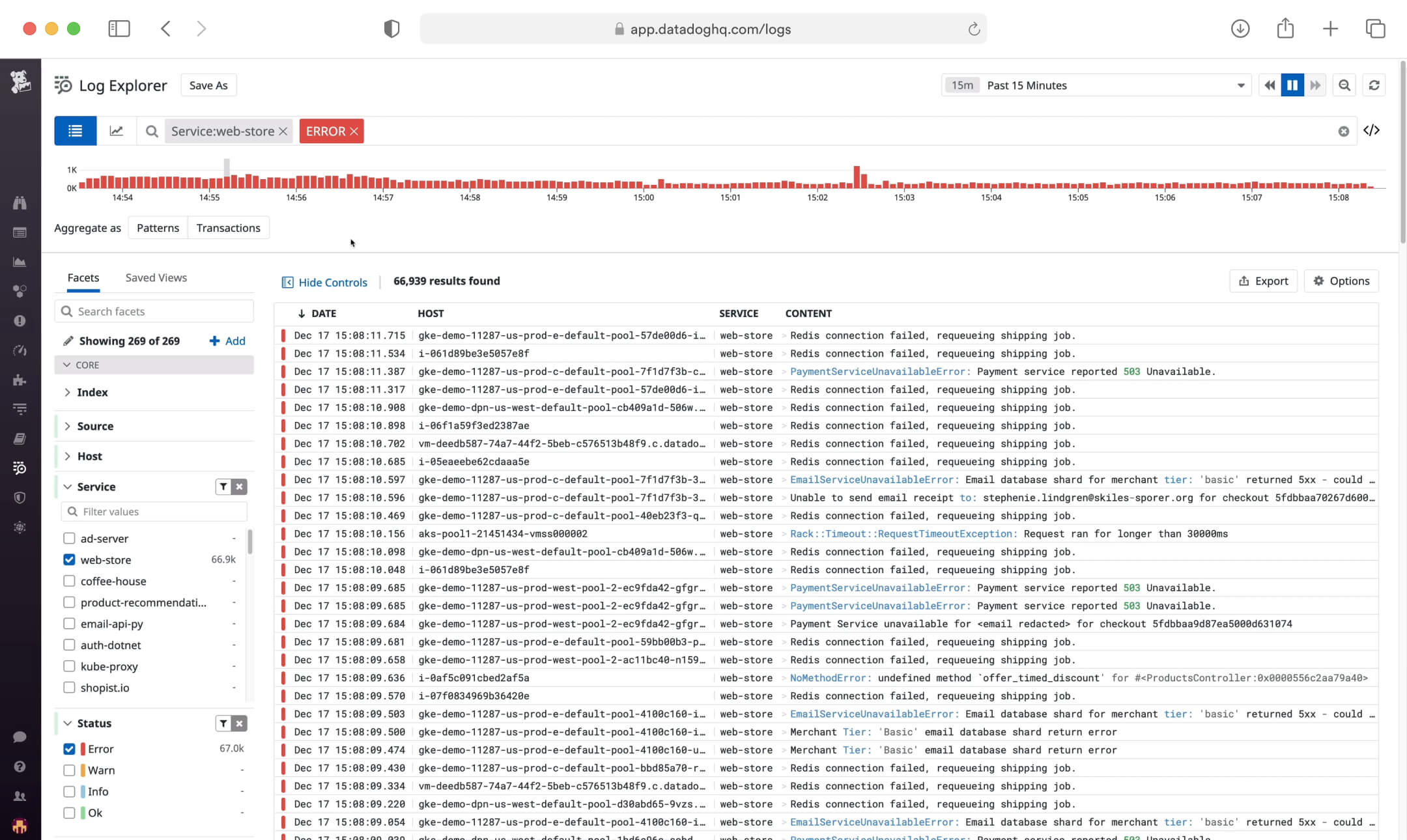 Log explorer dashboard on Datadog displaying the error logs in the web service
