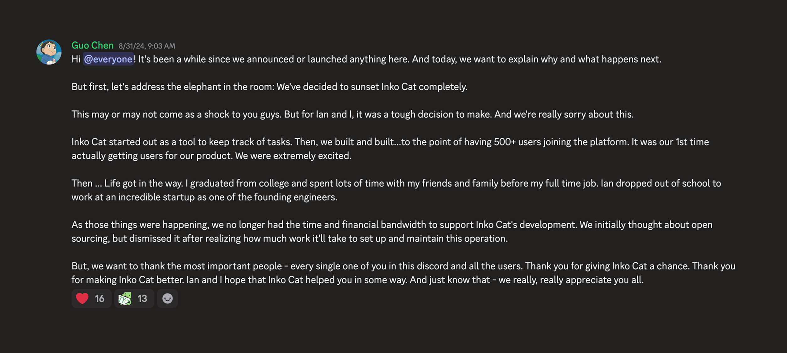 Guo's message in Discord thanking the community for their support