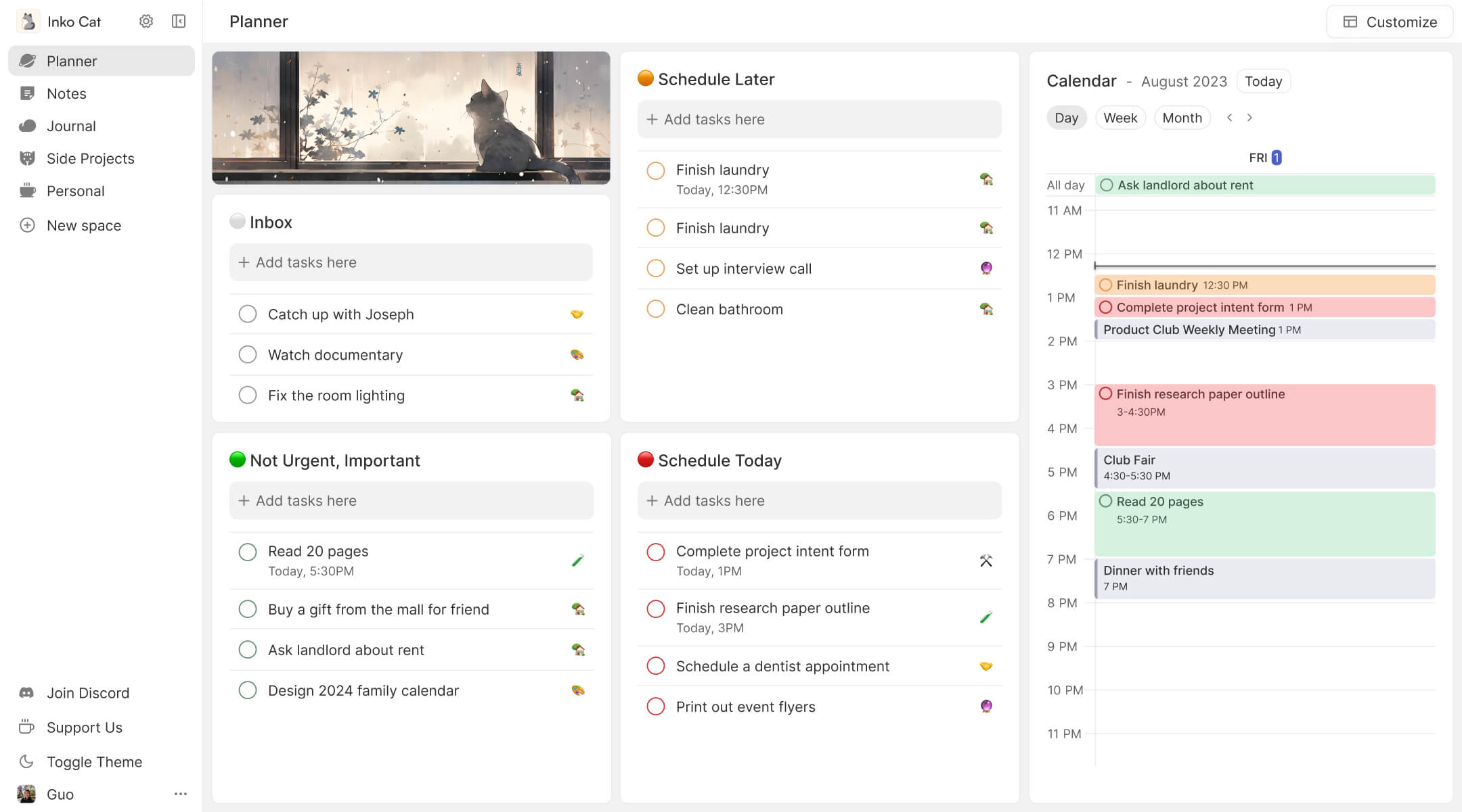 Inko Cat planner page displaying a cat image, calendar, and three lists