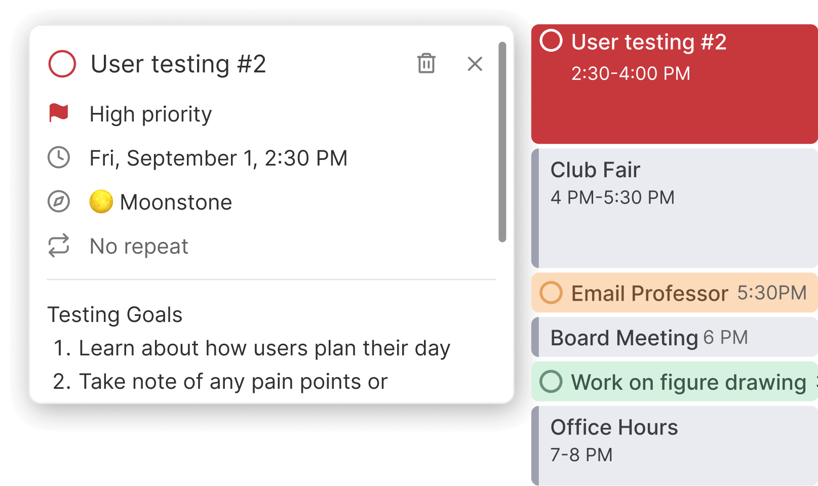 Selected state of a calendar task that displays a popup