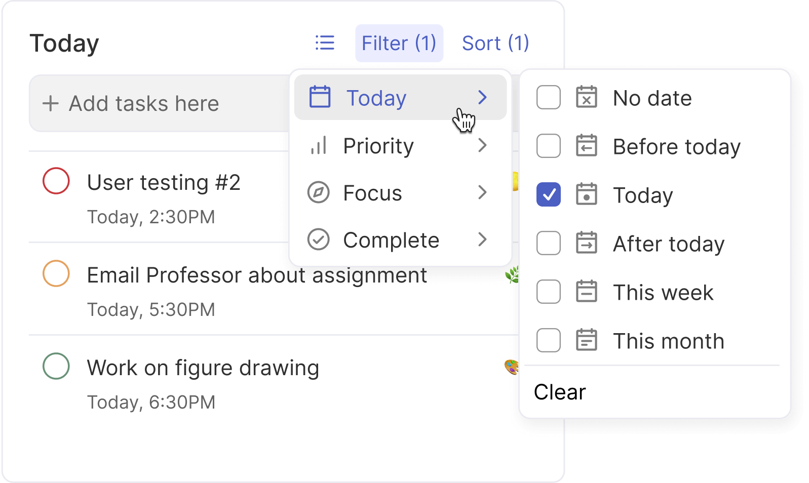 A popup with options to display tasks for today, no date, before today, after today, this week, or this month