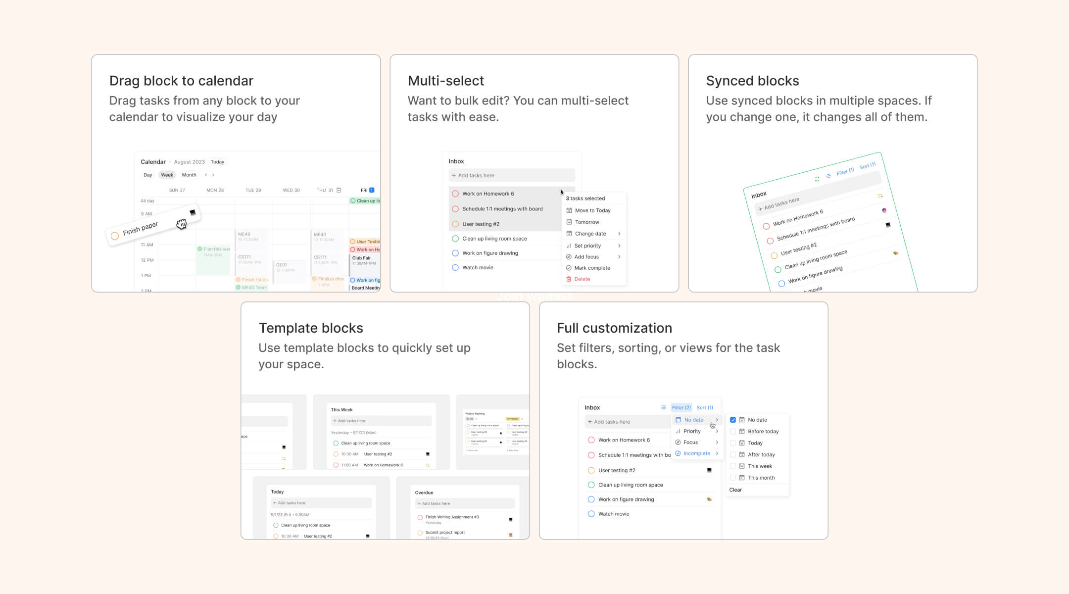 Feature cards on Inko Cat landing page that shows drag block to calendar, multi-select, and more