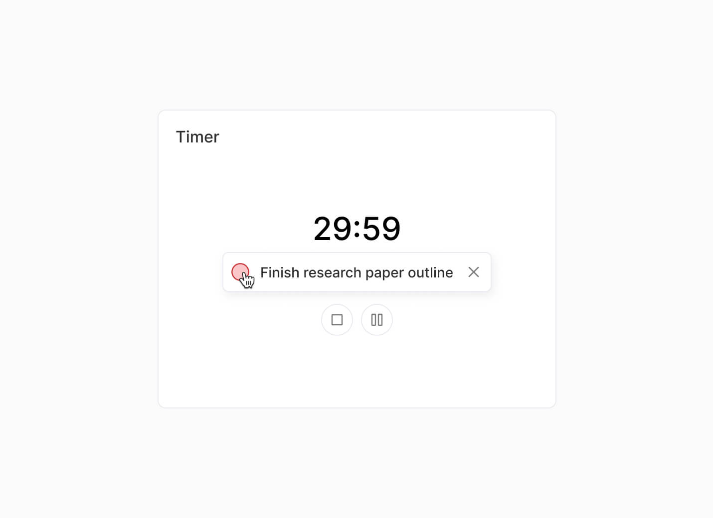 Hover state of the task checkbox on a timer block