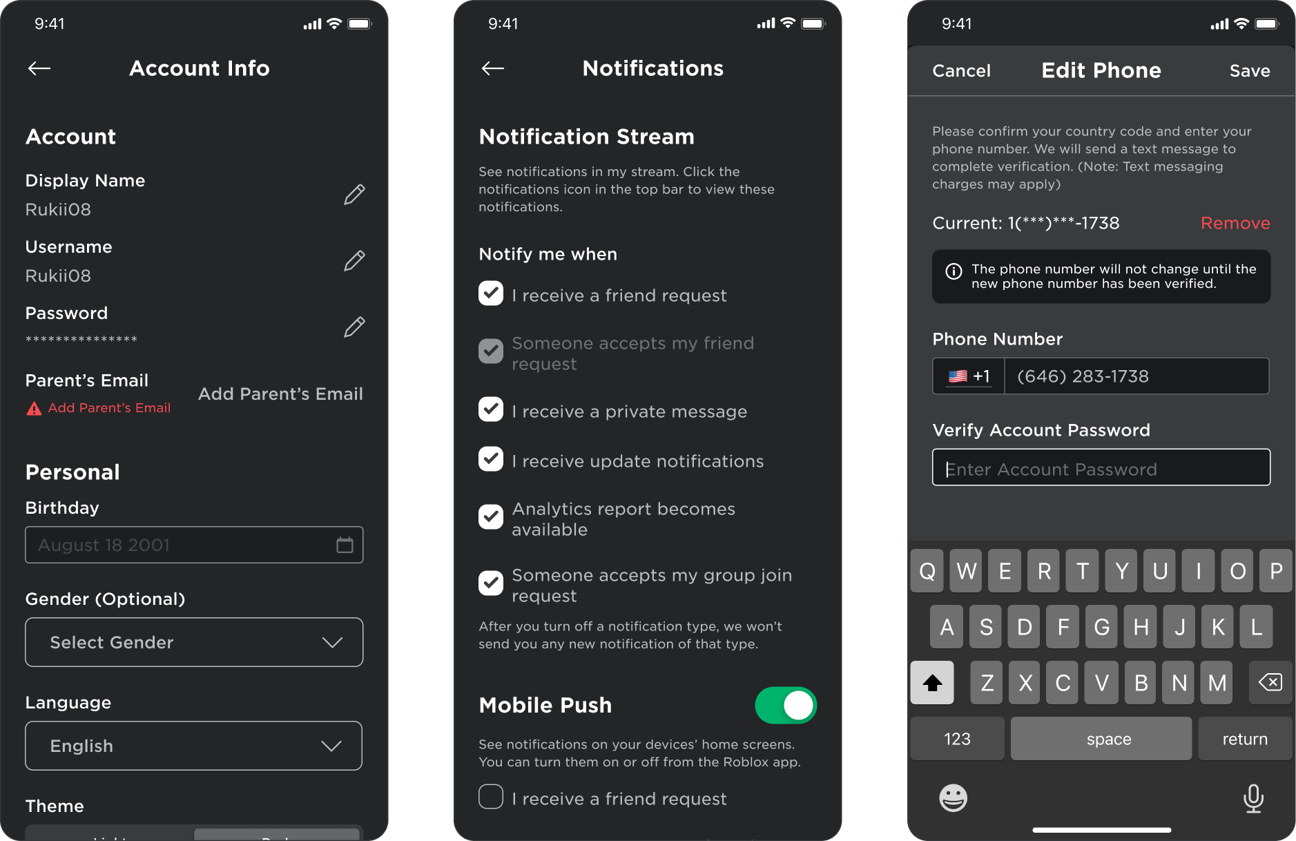 Three mockups of a redesigned settings in Roblox's mobile app